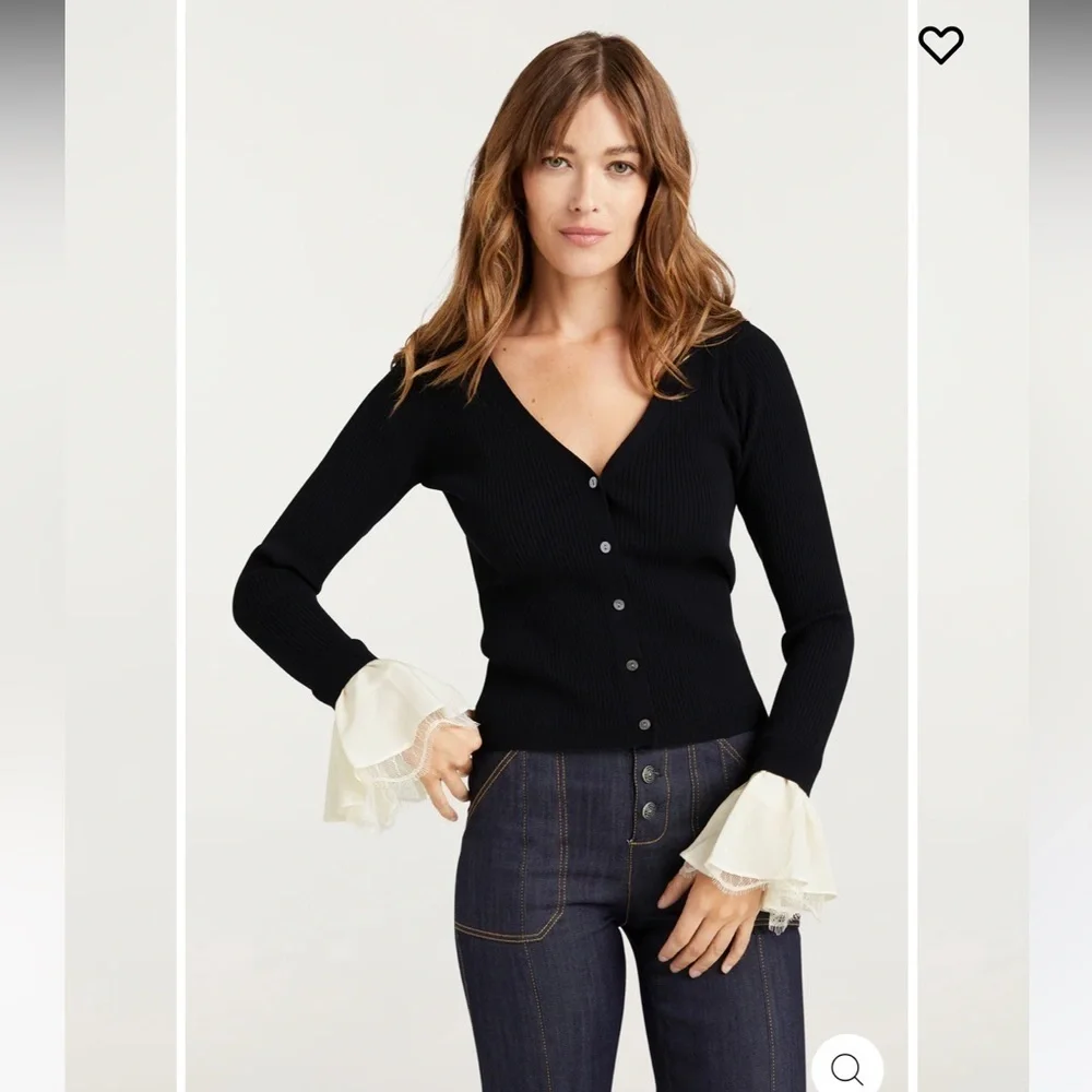 Cinq a Sept BERNADETTE PRESTYLED RIBBED CARDIGAN in Black/Ivory NWT!